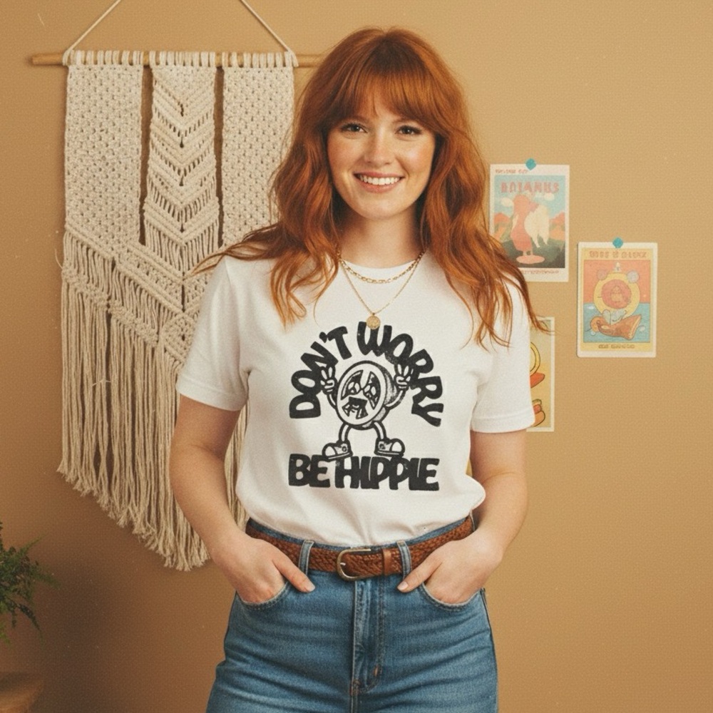Hippie Graphic White Crewneck Tee Retro Super Soft Positive Message T-Shirt